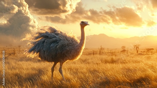 Majestic Ostrich in Golden Savanna Sunrise