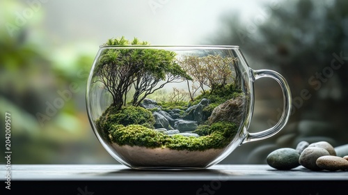 Miniature landscape terrarium in glass cup, natural zen garden inside, blurred forest background