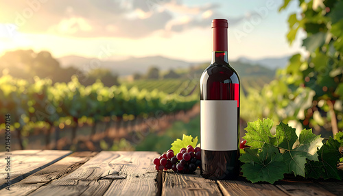 Bottle of red wine and grapes on a rustic wooden table at a vineyard during golden hour, beverage alcohol, winery estate, winemaking concept, perfect for advertising and promotions