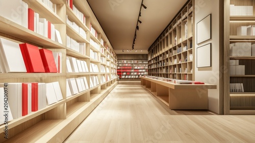 Modern bookstore interior, light wood shelves, spacious aisle, blank picture frames