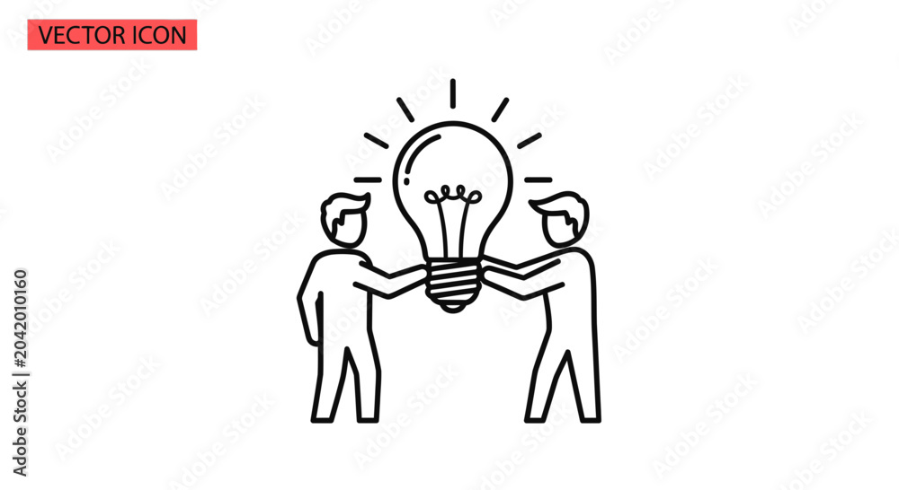 Fototapeta premium Two people holding a lightbulb icon symbolizing teamwork and idea sharing
