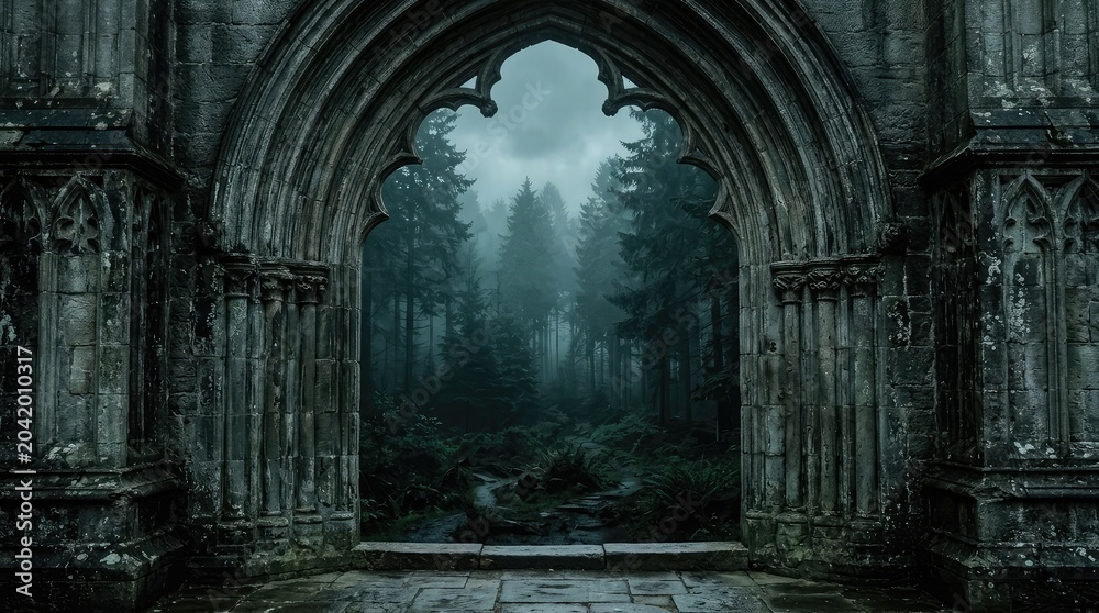 Obraz premium Gothic archway framing misty forest landscape dark fantasy scene