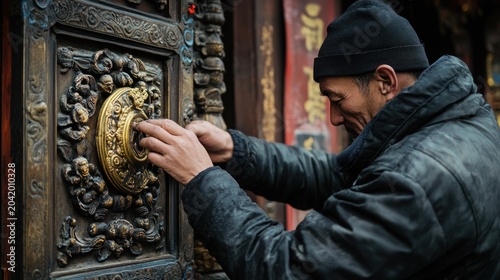 Man Adjusting Ornate Temple Door Knob, Prayerful Atmosphere