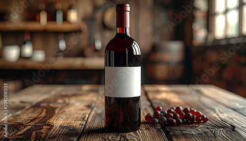 Bottle of red wine with blank label and grapes on a rustic wooden table, winery interior background, inviting ambiance