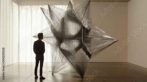 Modern art exhibit, man observes intricate wire sculpture in gallery