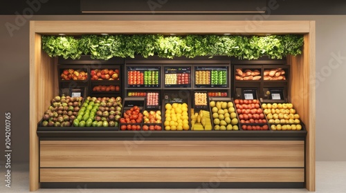 Modern grocery store produce display with fresh fruits and vegetables, digital screens in background