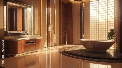 Luxurious bathroom interior, sunlit, modern, elegant