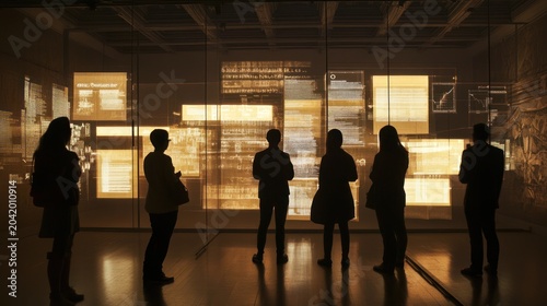 Museum visitors interacting with digital exhibits at night