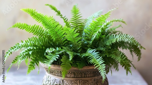 Lush fern in ornate pot, interior setting, light-filled room