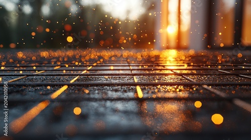 Metal grid floor, sunset sparks, construction site, building background