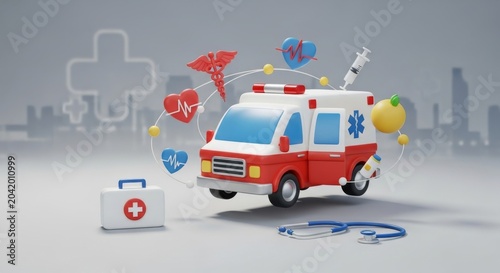 3D cartoon ambulance with medical icons for Emergency Medical Services Week