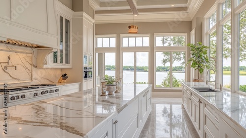 Luxurious kitchen with river views, featuring marble countertops and white cabinetry