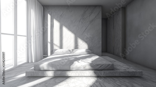 Modern marble bedroom with sunlight streaming through large windows
