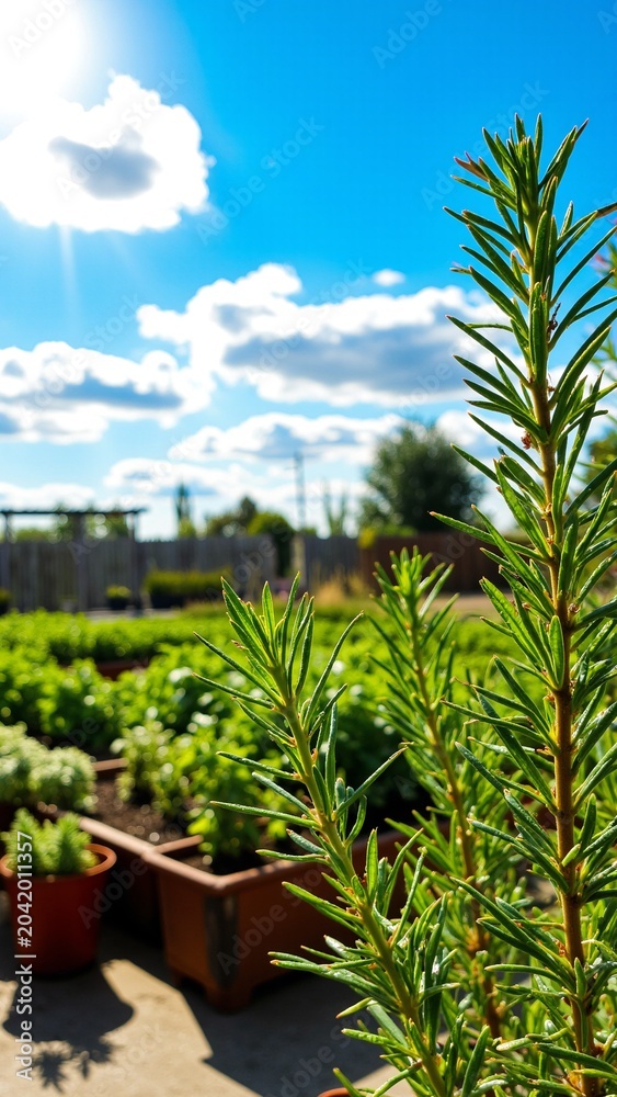 Fototapeta premium Thriving Rosemary and Herbs in Sunlit Nursery