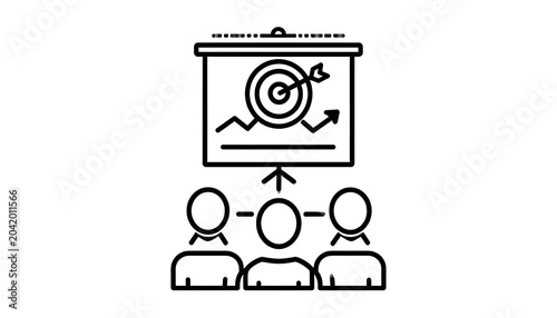 Business meeting presentation with target icon on projector screen, team planning, strategy execution, successful growth, teamwork concept