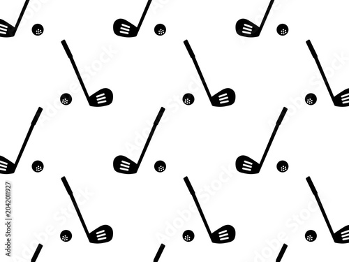 Golf club and ball background with scattered motifs, sport golf course fitness flat design silhouette