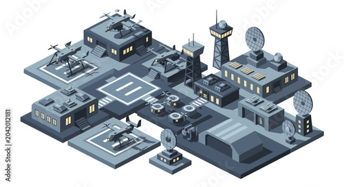Futuristic Military Base with Helicopters and Towers.