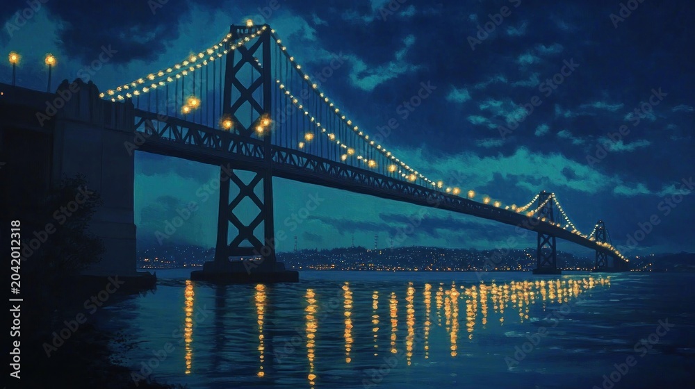 Fototapeta premium Night view of a bridge over water with city lights reflected