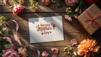 Heartfelt Mother's Day card arrangement featuring fresh blooming flowers and a thoughtfully wrapped gift on a rustic wooden surface, a beautiful celebration of maternal love
