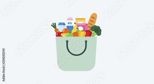 Grocery bag filled with fresh food and drinks illustration.