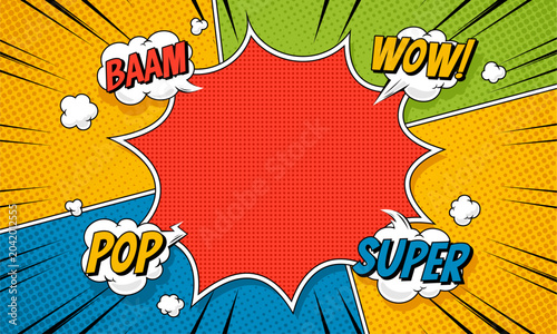 Comic Book Pop Art Background with Speech Bubbles and Halftone Dots
