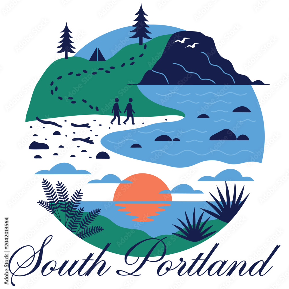 Naklejka premium South Portland Maine Coastal Hiking and Camping Vector Illustration - Circular Nature Emblem with Sunset, Ocean Beach, Pine Trees, and Mountain Landscape