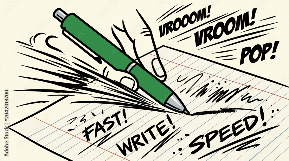 Naklejka premium Cartoon Green Pen Writing Fast on Lined Paper with Motion Streaks and Action Lines for Deadline or Speed Concept