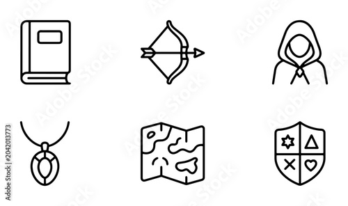 Tableau sur toile Fantasy Adventure Icons: Book, Bow, Hooded Figure, Necklace, Map, Shield Set