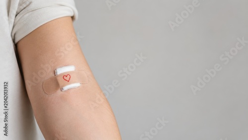 Close-up of a donor's arm with a heart-marked bandage after blood donation. Clean, minimalist composition with ample copy space for World Blood Donor Day campaigns and healthcare marketing concepts.