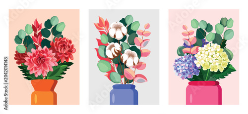Set of botanical posters in cartoon style.Vector illustration of beautiful wall posters with different flowers,twigs with leaves in pots:chrysanthemums,cotton, hydrangeas isolated on white background.