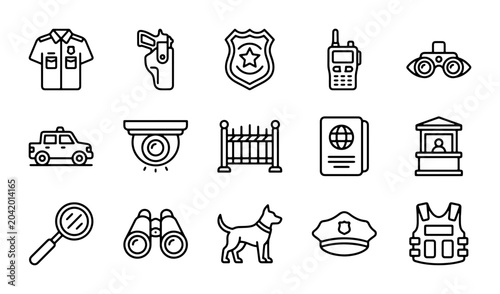 Foto Security Icons Set: Police, Guard, Surveillance, Law Enforcement Vector Graphics