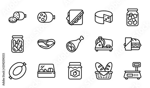 Tableau sur toile Food Icons Set: Deli Meats, Cheese, Bread, Jars, Slicer, Scale, Vector Graphics