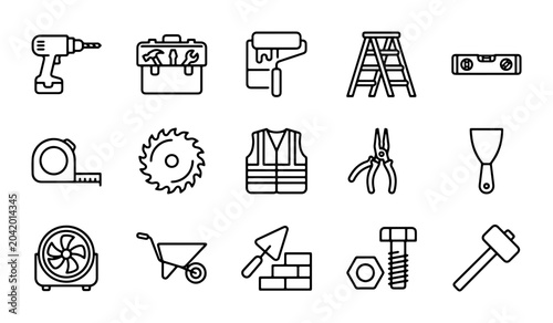 Konstfotografi Construction Tools Icons Set, DIY Home Repair Equipment Vector Graphics, Buildin