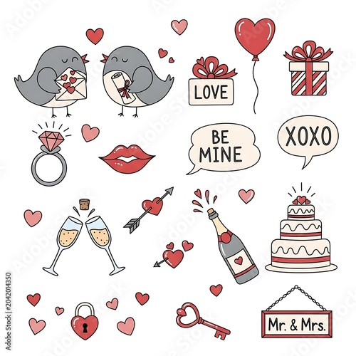 Cute Hand Drawn Valentine Love Icons Arranged on White Background