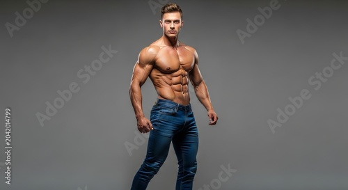 Fit man in blue jeans posing confidently on a grey studio background.