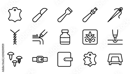 Bild auf Leinwand Leather Crafting Tools & Materials Icons Set, Handmade Leather Goods Vector Grap