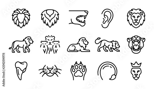 Photography Lion Icons Set, Majestic Feline Vector Graphics, Wild Animal Symbols, Heraldic C