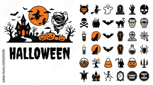 Bild auf Leinwand Halloween vector icon set and spooky landscape, orange and black holiday element