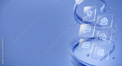 Luxury digital customer support interface with floating translucent communication icons. Modern SaaS concept on a premium monochromatic periwinkle blue background.