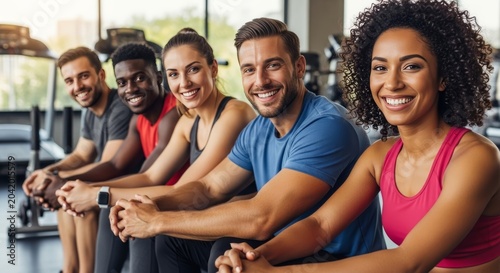 Diverse young adults in athletic wear smiling while seated in a bright, modern gym. They are all looking forward, conveying a sense of camaraderie and fitness.