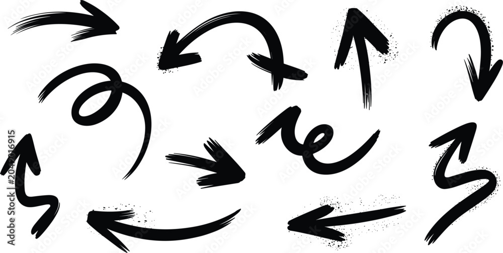 Obraz premium Hand drawn brush stroke arrows vector set, grunge paint direction pointer signs on white