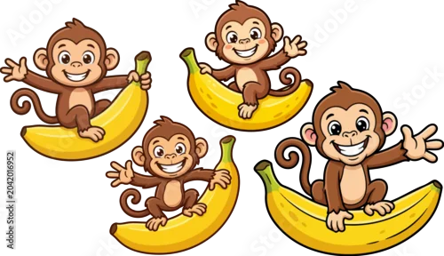 Fototapeta samoprzylepna Playful brown cartoon monkeys riding on large yellow banana fruits