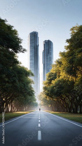Urban road modern skyscraper green tree morning light cityscape empty street peaceful architecture metropolitan park vertical