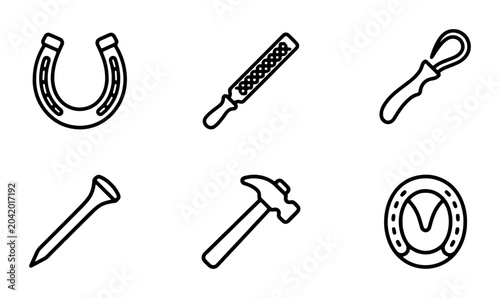 Tableau sur toile Farrier Tools Vector Icons: Horseshoe, Hammer, Nails, Rasp, Blacksmith Equipment