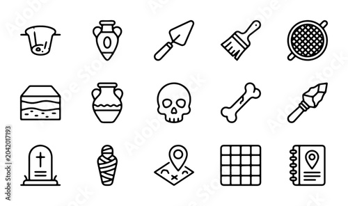 Cuadro en lienzo Archaeology Icons Set: Digging Tools, Artifacts, Mummy, Skull, Tombstone, Map Pi