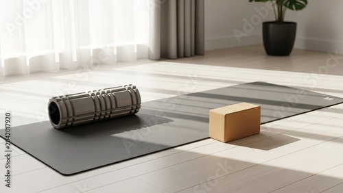 Minimalist yoga mat with roller and block rests on light wood floor, bright room