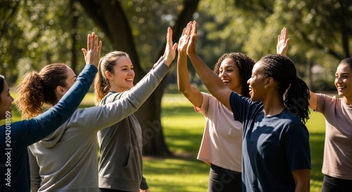 Diverse young women in athletic wear high-fiving outdoors in a park.