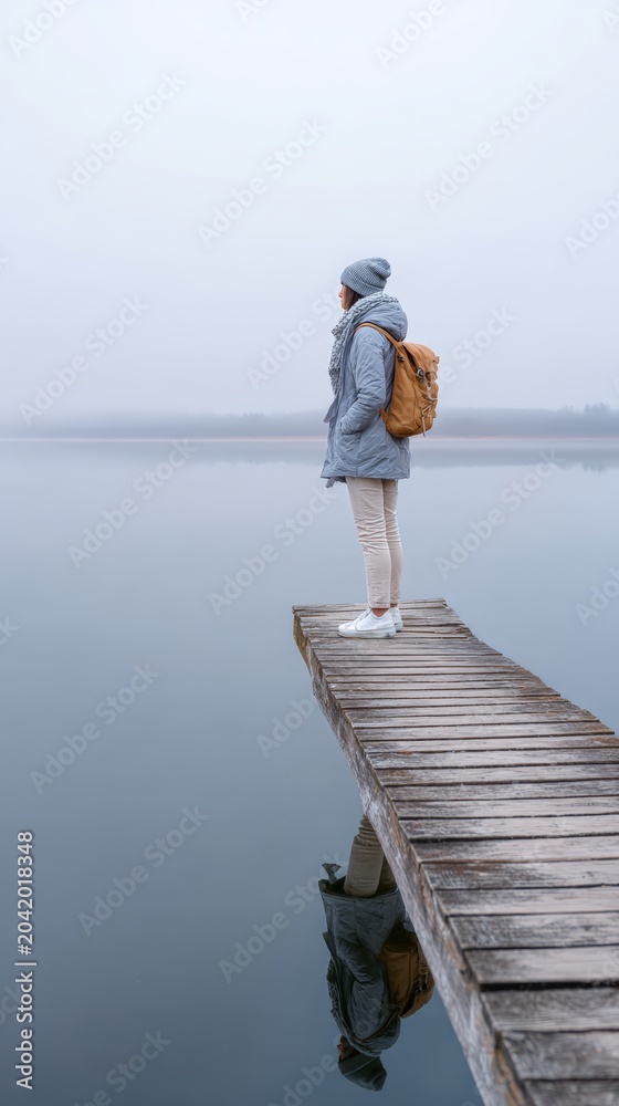 Obraz premium Person in coat and backpack standing on a quiet lakeside dock in soft mist with subtle reflection for minimalist background design