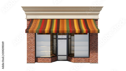 Brick storefront with striped awning and display windows