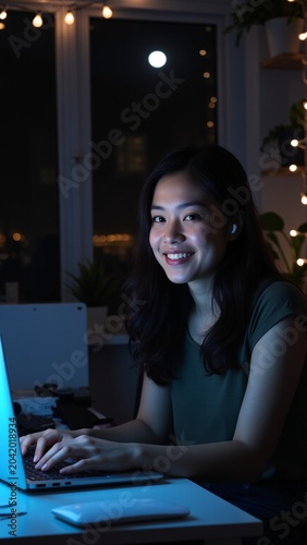 Asian Woman Working From Home at Night